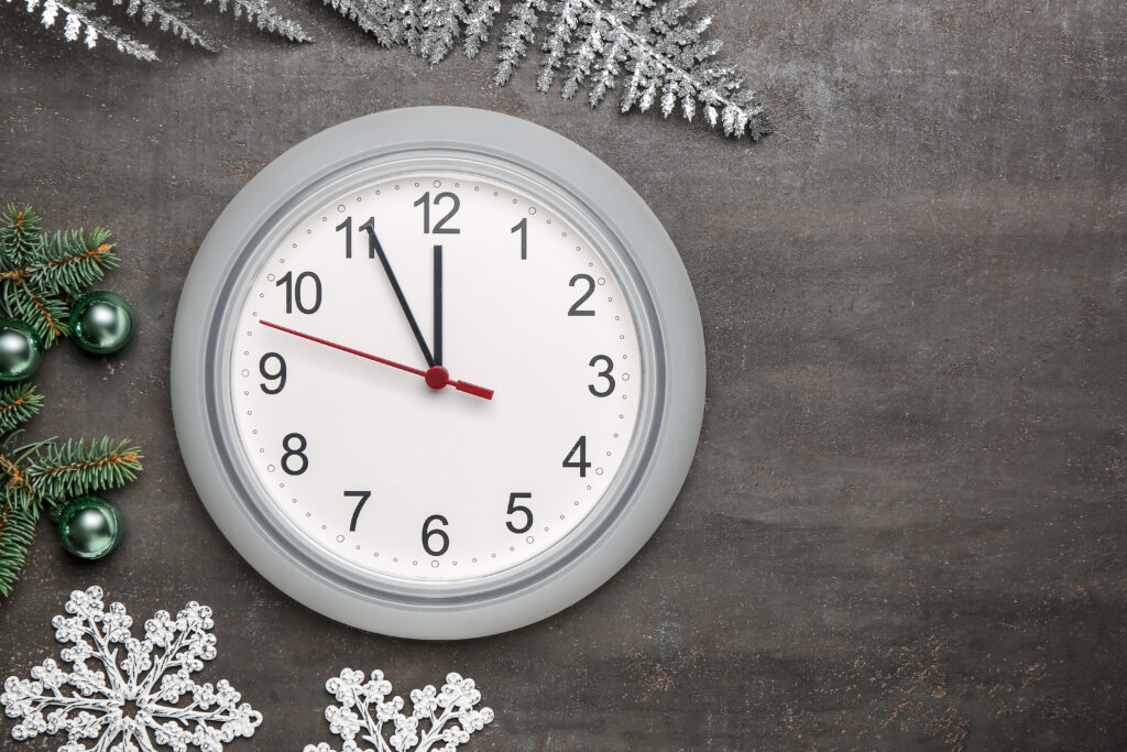 Clock,And,Christmas,Decor,On,Grey,Background