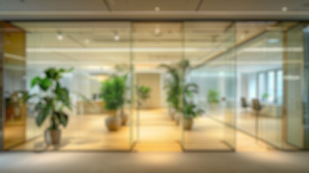 Blur,Background,Of,Modern,Workplace,Decorated,With,Green,Plant.,Blurred